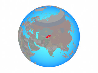 Kyrgyzstan with national flag on blue political globe. 3D illustration isolated on white background.