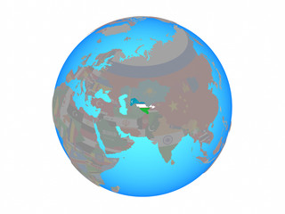 Uzbekistan with national flag on blue political globe. 3D illustration isolated on white background.