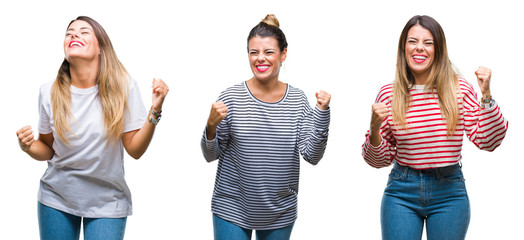 Collage of young beautiful woman over isolated background very happy and excited doing winner gesture with arms raised, smiling and screaming for success. Celebration concept.