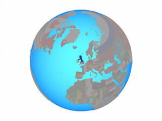 United Kingdom with national flag on blue political globe. 3D illustration isolated on white background.