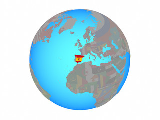 Spain with national flag on blue political globe. 3D illustration isolated on white background.