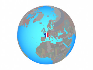 France with national flag on blue political globe. 3D illustration isolated on white background.