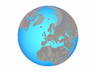 Netherlands with national flag on blue political globe. 3D illustration isolated on white background.