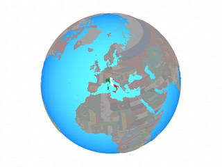 Italy with national flag on blue political globe. 3D illustration isolated on white background.