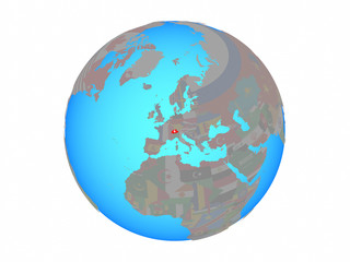 Switzerland with national flag on blue political globe. 3D illustration isolated on white background.