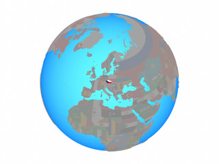 Czech republic with national flag on blue political globe. 3D illustration isolated on white background.