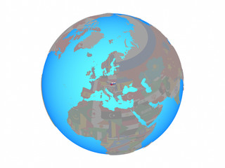 Slovakia with national flag on blue political globe. 3D illustration isolated on white background.