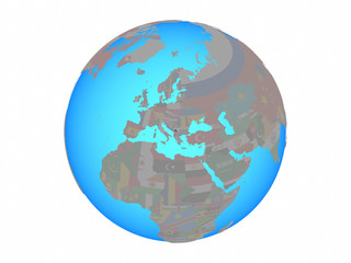 Kosovo with national flag on blue political globe. 3D illustration isolated on white background.