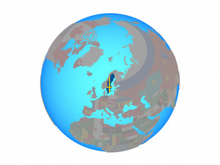 Sweden with national flag on blue political globe. 3D illustration isolated on white background.