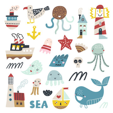 Cute sea objects collection. Vector illustration in cartoon style.