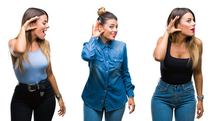 Fototapeta premium Collage of young beautiful woman over isolated background smiling with hand over ear listening an hearing to rumor or gossip. Deafness concept.