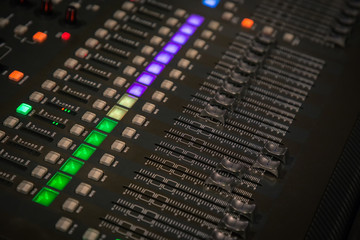 sound system by mixer equalizer in concert or wedding hall. image for background, and copy space.