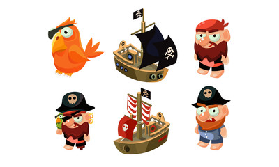 Pirate game elements set, male pirate, parrot, ship, user interface assets for mobile apps or video games vector Illustration