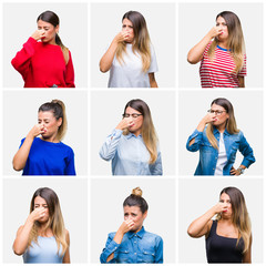 Collage of young beautiful woman over isolated background smelling something stinky and disgusting, intolerable smell, holding breath with fingers on nose. Bad smells concept.