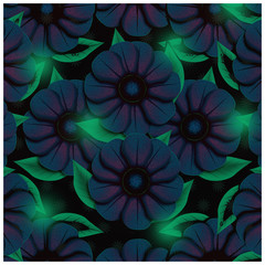 Dark blue flowers background. Surreal illustration concept, dark flowers with green leaves, red tones illumination and green glow on leaves.