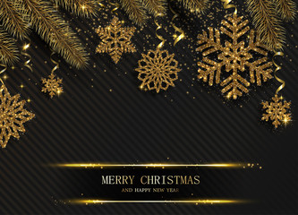 Fototapeta na wymiar Merry Christmas and Happy New Year card with golden shiny snowflakes and fir branches.