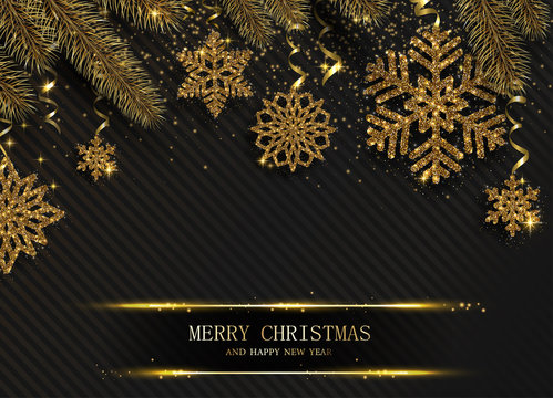 Merry Christmas and Happy New Year card with golden shiny snowflakes and fir branches.