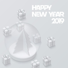Fototapeta na wymiar Grey Happy New Year 2019 card with 3d gifts.