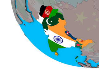 SAARC memeber states with embedded national flags on simple 3D globe.