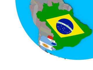 Mercosur memebers with embedded national flags on simple 3D globe.