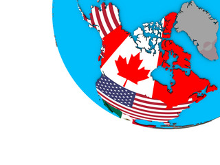 Obraz premium NAFTA memeber states with embedded national flags on simple 3D globe.