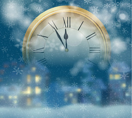 Fototapeta na wymiar Blue blurred Christmas and New Year background with golden clock.