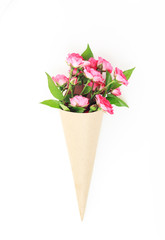 bouquet of roses in vintage packaging.