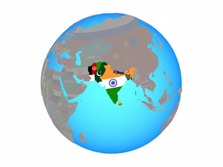 South Asia with national flags on blue political globe. 3D illustration isolated on white background.
