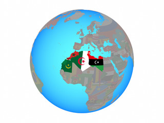 Maghreb region with national flags on blue political globe. 3D illustration isolated on white background.