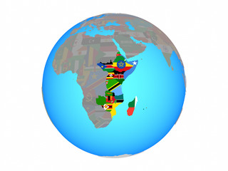 East Africa with national flags on blue political globe. 3D illustration isolated on white background.