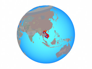Indochina with national flags on blue political globe. 3D illustration isolated on white background.