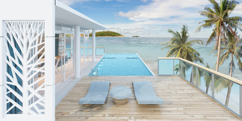Beautiful view of Swimming Pool with  the sea at sunlight  - 3d rendering