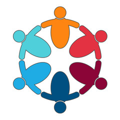 Group of six persons in circle. holding hands.The summit workers are meeting in the same power room.