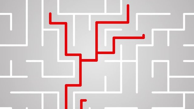 top view of a maze with lines that try to find the solution, only one of them find it, concept of competition and leadership