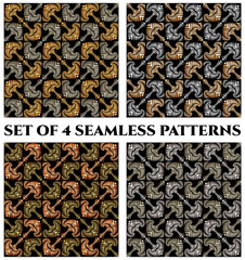 Set of 4 royal seamless pattern with decorative ornament of golden, silver and bronze gradient shades on black background