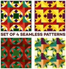 Set of 4 geometric seamless patterns with rhombus, triangle and square shapes of different colors