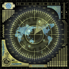 Sonar screen with world map, targets and futuristic user interface