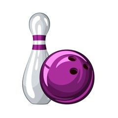 Vector illustration of bowling skittle and purple bowling ball, isolated on white background 1.1