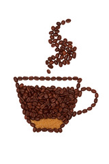 A cup of coffee with cane sugar laid out of coffee beans on a white background