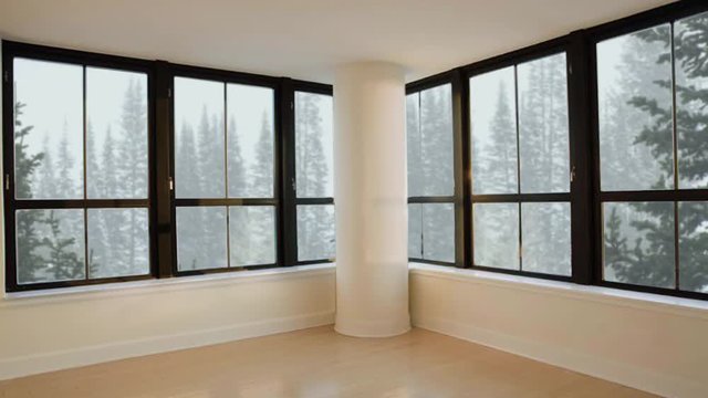 View from window in empty room on winter snowfall in coniferous forest