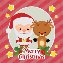 cute template merry christmas card with santa claus and reindeer