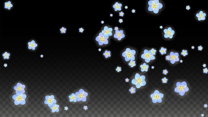 Vector Realistic Blue Flowers Falling on Transparent Background.  Spring Romantic Flowers Illustration. Flying Petals. Sakura Spa Design. Blossom Confetti. Design Elements for Wedding Decoration.