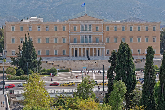 Athens Greece, the national parliament neoclassical building on syntagma square