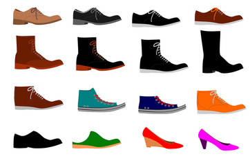  shoes of set.Collection of various types of shoes on white background