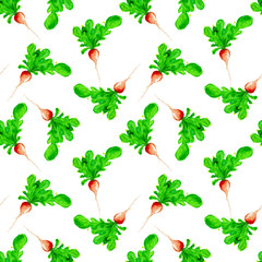 Obraz premium Watercolor Vegan Pattern. Seamless Hand Drawn Vegetables. Healthy Food Print. Gardening Background. Greenery Repeatable Design for Menu, Restaurant, Salat Bar, Farmers Market. Redish. Vegetarian.