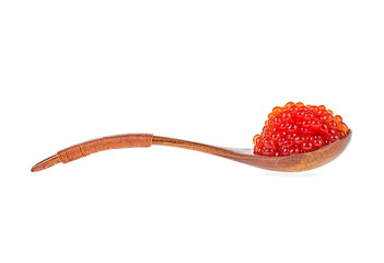 Wooden spoon with red caviar isolated on white background