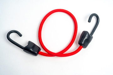 Bungee Cords with Coated Black Plastic Hooks and Red Braided Elastic - obrazy, fototapety, plakaty