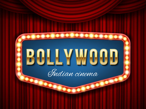 Creative vector illustration of bollywood cinema background. Art design indian movie, cinematography, theater banner or poster template. Abstract concept graphic film board element on red curtains