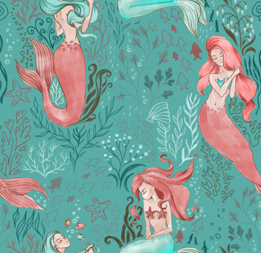 Hand-drawn seamless pattern of beautiful mermaid character and underwater sea illustration. Repeated background