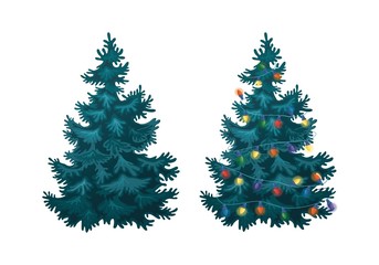 Vector illustration of decorated christmas tree on white background. Blue fluffy pines, isolated on white background 2.1